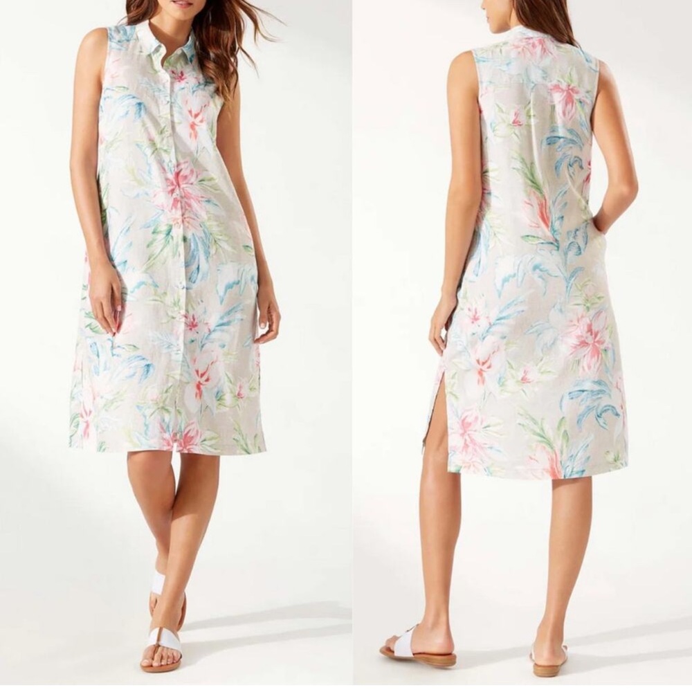 HTF Tommy Bahama Maya Meadows Floral 100% Linen Sleeveless Sheath Shirt Dress S